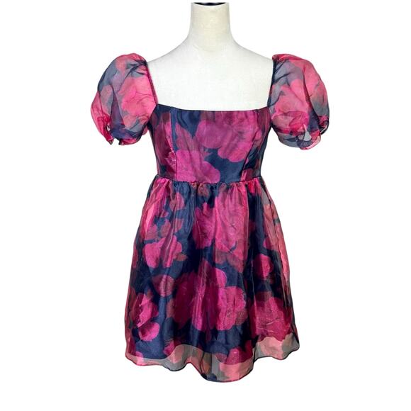 B. Darlin Red & Black Floral Sheer Chiffon Puff Sleeve Mini Babydoll Party Dress - Picture 1 of 11